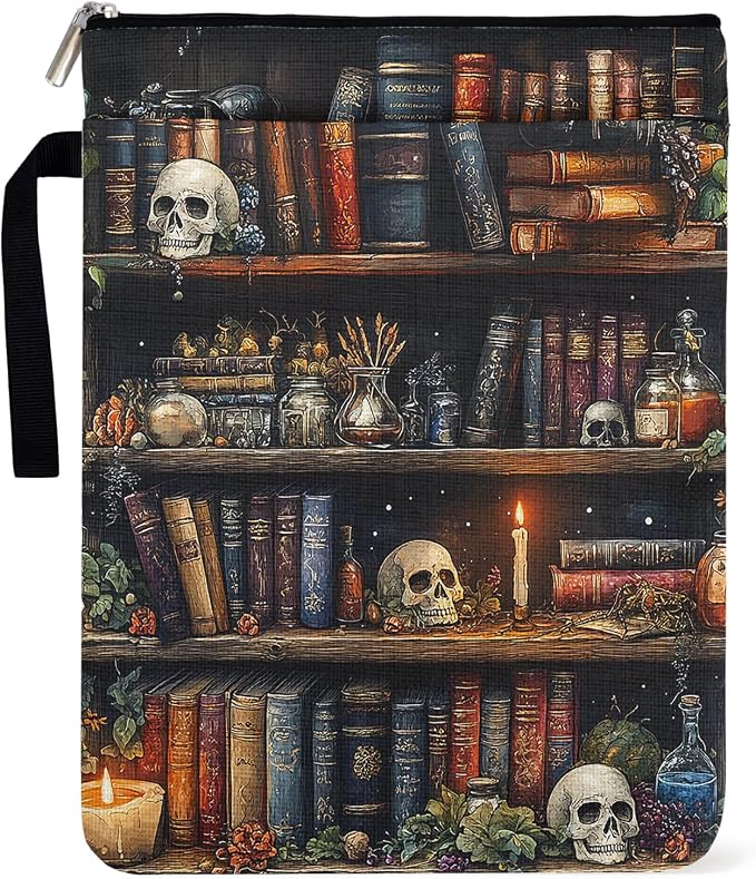Goth Skull Book Sleeve for Book Lovers, Paperback Sleeve for Librarian Lovers Bookish Group Club Gifts for Women, Book Cover with Zipper and Handle for paperbacks 9 x 12 Inch