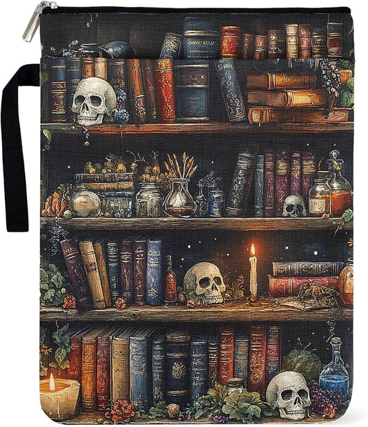 Goth Skull Book Sleeve for Book Lovers, Paperback Sleeve for Librarian Lovers Bookish Group Club Gifts for Women, Book Cover with Zipper and Handle for paperbacks 9 x 12 Inch