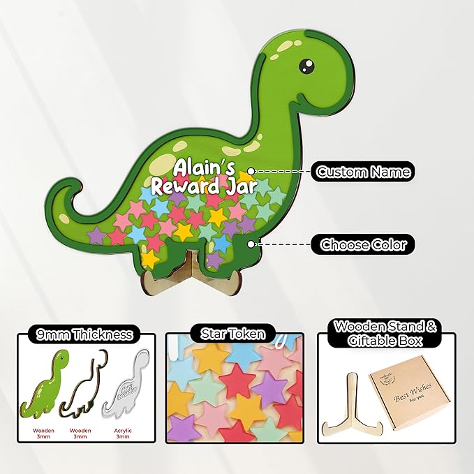Personalized Dinosaur Magnetic Reward Jar Colorful for Kids Potty Training Magnetic Star Tokens Good Behavior System Toddler Reward Routine Tool Back to School Gift for Boys Girls Classroom Home Décor