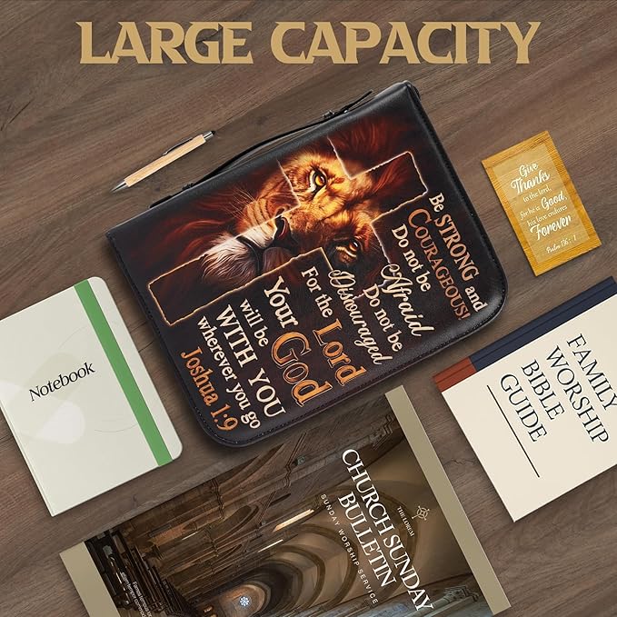 Bible Cover Case for Men Large Armor of God Bible Carrying Case with Durable Handle & Zipper Bible Study Accessories for Boys - Lion