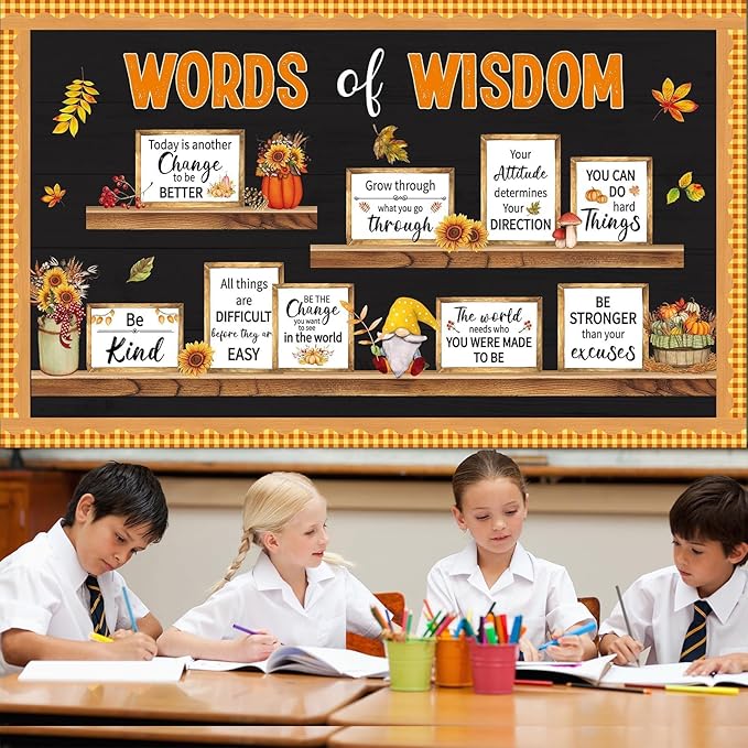 Fall Thanksgiving Bulletin Board Set Bookshelf Words of Wisdom Bulletin Board Boarder Motivational Fall Classroom Decorations Autumn Inspirational Positive Paper Cutout for Classroom Wall Decor
