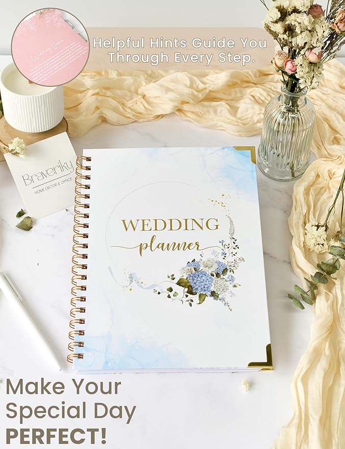 Hydrangea Wedding Planner Book and Organizer, Bridal Wedding Planning Binder with Tabs, Pockets, Checklists, Calendars, Engagement Gift for Newly Engaged Couples, 8x10.8"