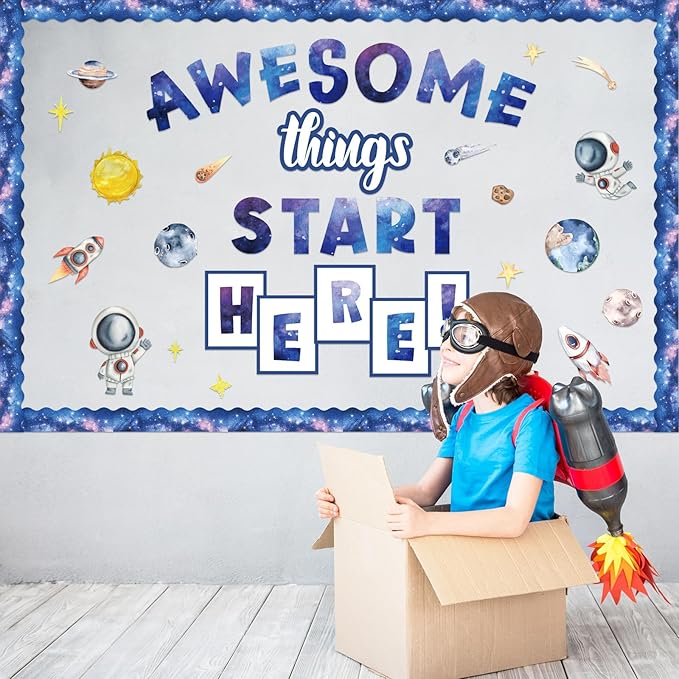 FYSUIMU 52 Pcs Outer Space Bulletin Board Decoration Set Awesome Things Start Here Cutouts Galaxy Astronaut Inspirational Paper Cutting with Glue Points for Back to School Party Classroom Wall