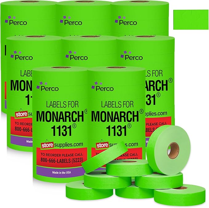 Perco Fluorescent Green Pricing Labels for Monarch 1131 8 Sleeves, 64 Rolls Value Pack - 160,000 Labels with Ink Rolls Included