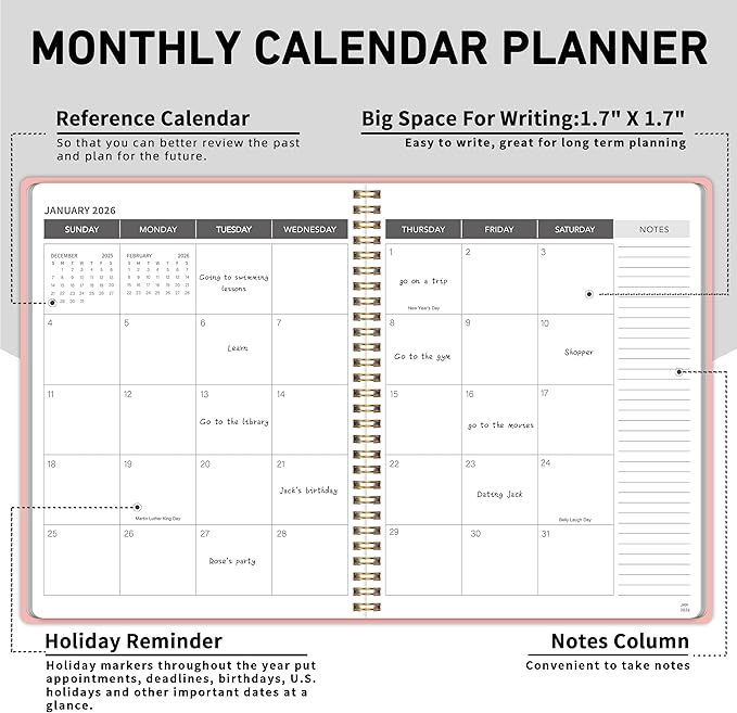 Monthly Planner Jan 2026 - Dec 2027, Monthly Planner for 24 Monthes, 9×11 Inch, Teacher Monthlys, Hard PVC Cover, Spiral Bound, Time Management Calendar, Perfect for School & Office (Pink)