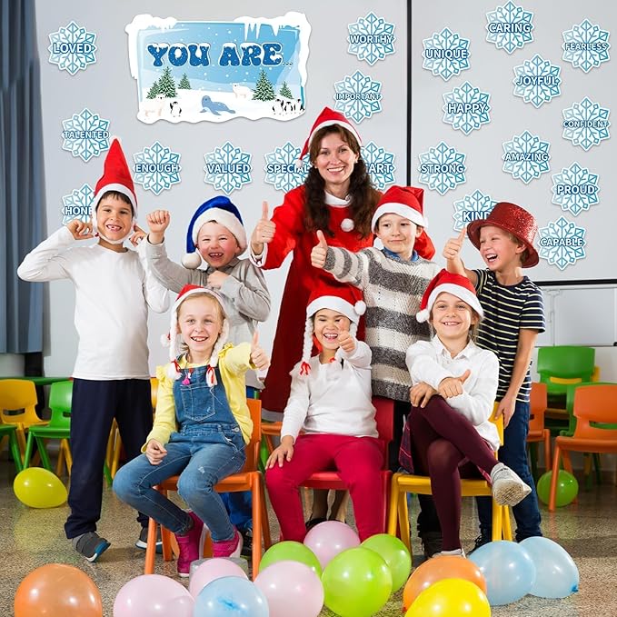 Winter Affirmation Station Bulletin Board Door Decoration Winter Snowflake Classroom Decor Christmas Motivational Positive Cutout Classroom Mirror Growth Mindset Decor for School Home Door Wall Supply