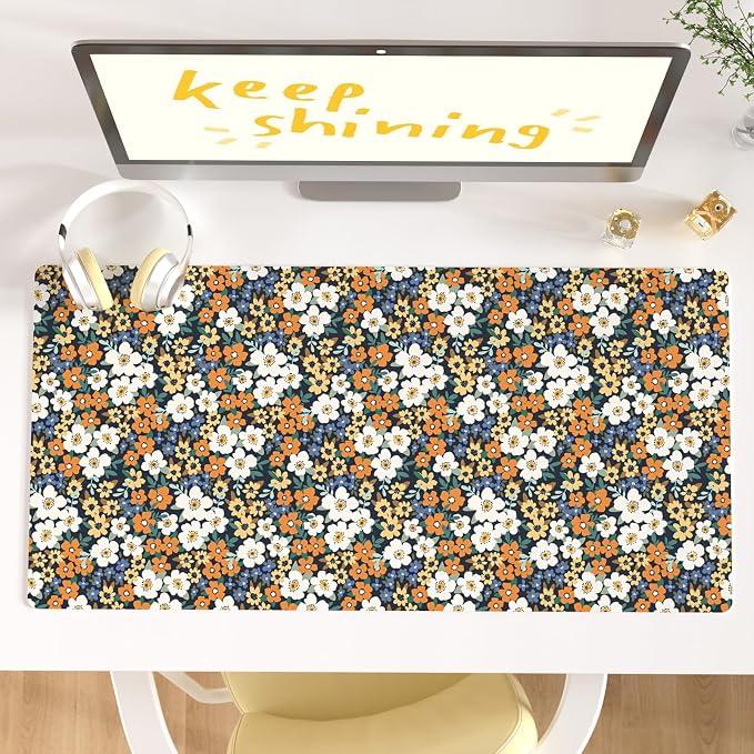 Colorful Star Large Mouse Pad, Floral Desk Mat Office Supplies, Waterproof Faux Leather Big Gaming Mousepad for Women Girls, Ditsy Wild Flowers Desk Pad Home Office Décor Accessories 31.5" x 15.7"