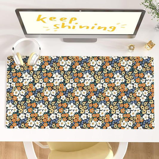 Colorful Star Large Mouse Pad, Floral Desk Mat Office Supplies, Waterproof Faux Leather Big Gaming Mousepad for Women Girls, Ditsy Wild Flowers Desk Pad Home Office Décor Accessories 31.5" x 15.7"