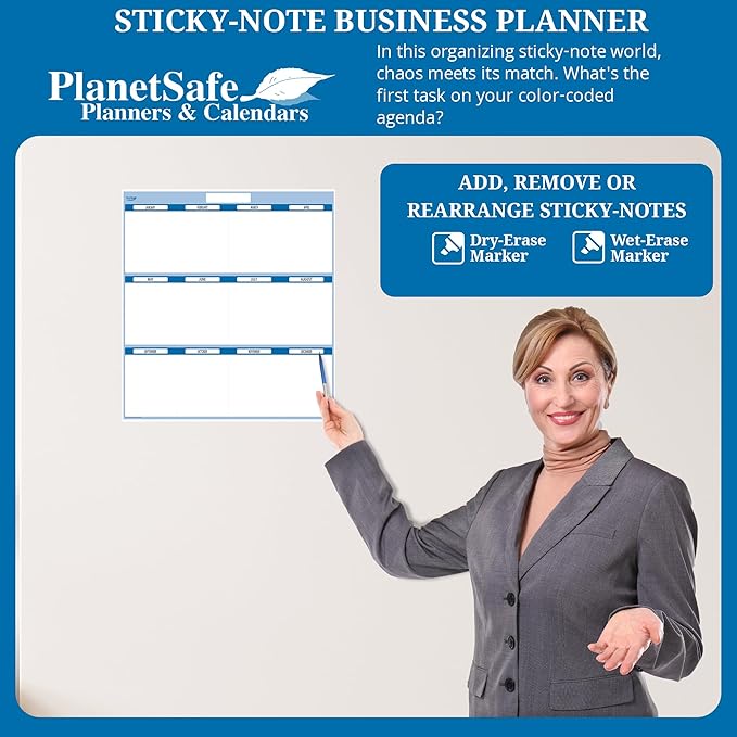 Sky Blue 12-Section Objective Planner: Horizontal 24"x18", Jan-Dec. Complete with Dry-Erase Marker and Eraser