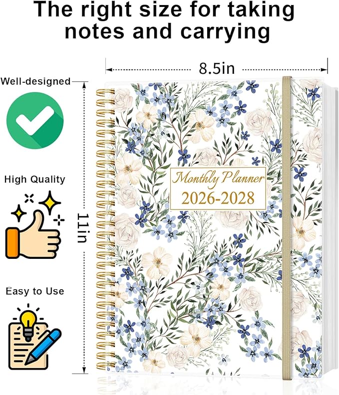 2026-2028 Monthly Planner - 36 Month PLanner Calendar from January 2026 to December 2028, 3 Year Planner 2026-2028 with Flexible Cover, Inner Pocket, Perfect for Home | School | Office, 8.5" x 11", Crushed Flower