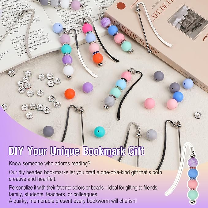 Sandure 162pcs DIY Beadable Metal Bookmarks Craft Kit with 12 Bookmarks 150 Beads Bookmark Making Kit for Adults Teachers Student Creative Gift for Readers Birthday Office Supplies