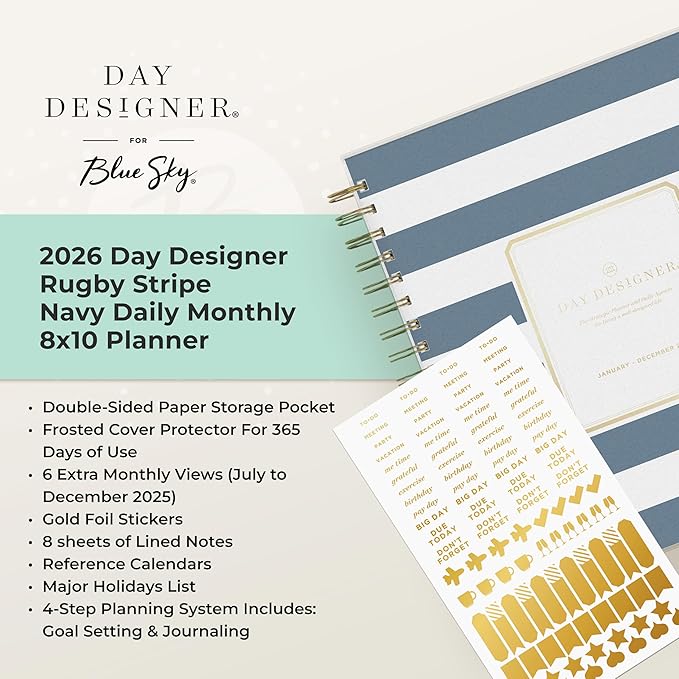 Blue Sky Day Designer 2026 Daily and Monthly Planner Calendar, January 2026 - December 2026, 8" x 10", Flexible Cover, Laminated Tabs, Includes Storage Pocket, Stickers, Rugby Stripe Navy