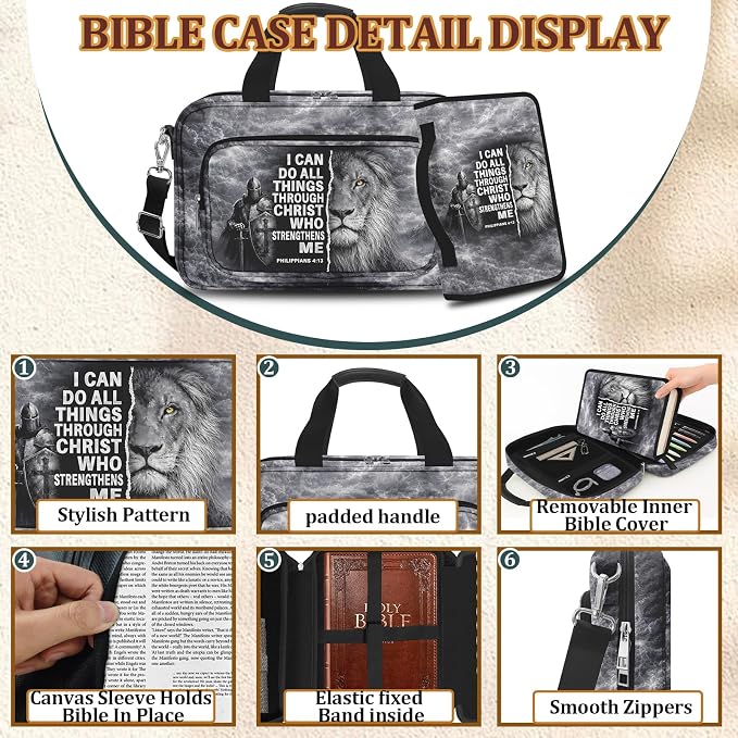 Devout Men's Super Roomy Bible Bag with Cozy Bible Cover, Bible Case, Faith Journaling Kit, Bible Tabs, Adjustable Strap, Pens, Highlighters & Cross Clips for Bible Study, Holy Vibe Peace of Mind