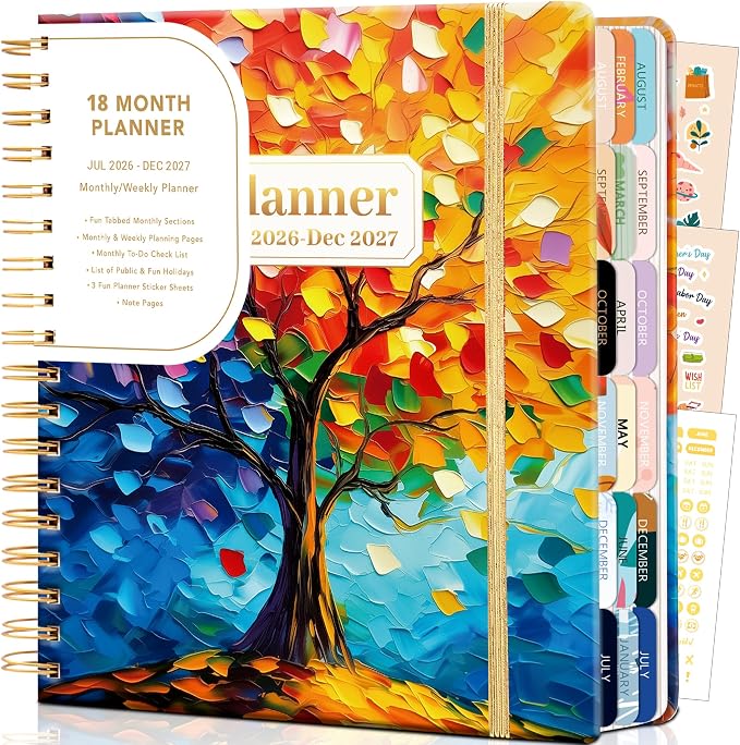 CAGIE Planner 2026-2027 18 Month July 2026-Dec 2027 Weekly and Monthly Calendar Planners Yearly Daily Hardcover 26-27 Planner for Women with Stickers Tabs Spiral Bound Agenda, Tree of Life, 8.3"x9.1