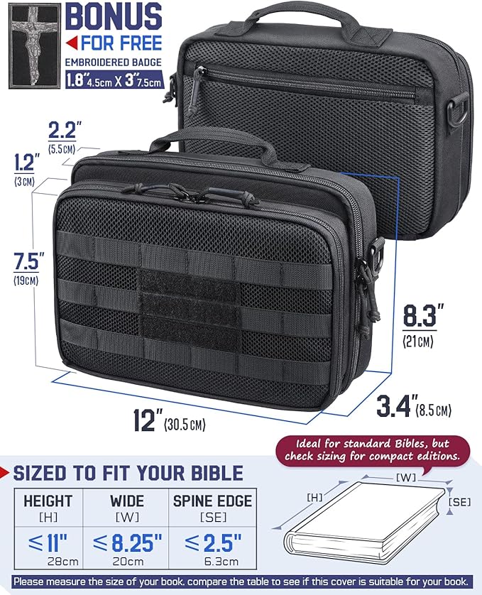 RXW Large Bible Cover Bag for Men Women, Tactical Bible Carrying Case Fully Padded of Double Layer Design, Utility Church Bag Organizer with Shoulder Strap for Tablet Art EDC, Christian Gifts for Mom