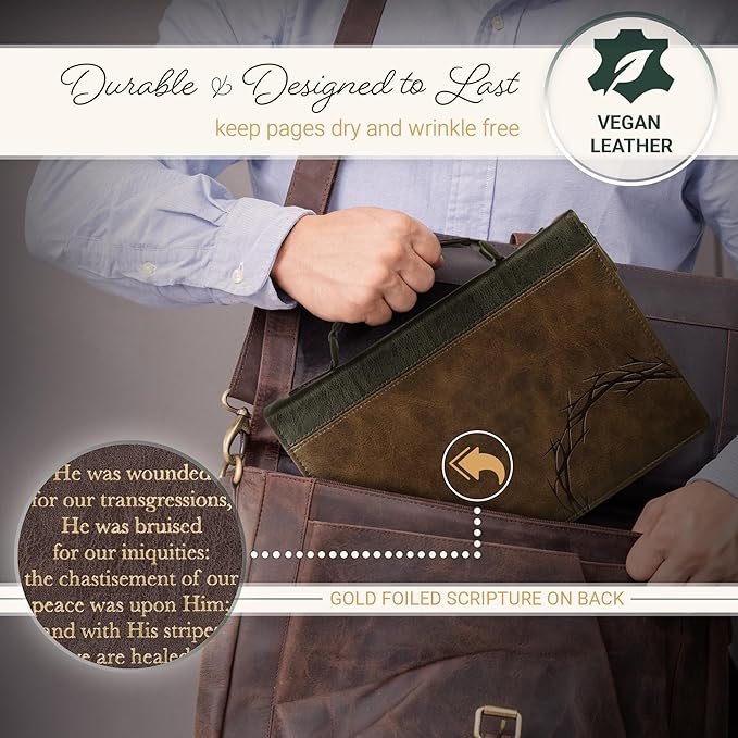 Christian Art Gifts Premium Vegan Leather Inspirational Bible Cover for Men & Women: Debossed Crown of Thorns Design, Inspiring Scripture, Easy Carry Zippered Case, Pen Loops, Pockets, Brown, Large