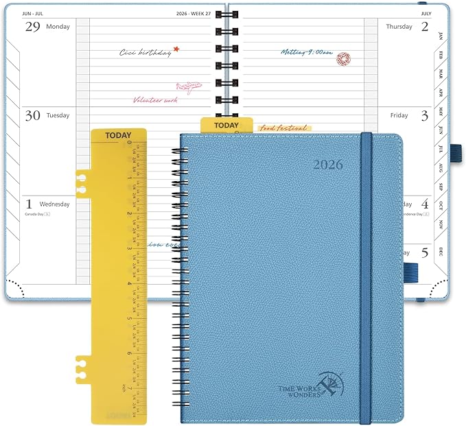 POPRUN 2026 Planner (Jan.-Dec.), Medium-6.75" x 8.75", Horizontal Weekly Notebook, 12-Month Calendar Book with Monthly Tabs, Spiral Soft Cover, Inner Pocket, 100 GSM - Aquamarine