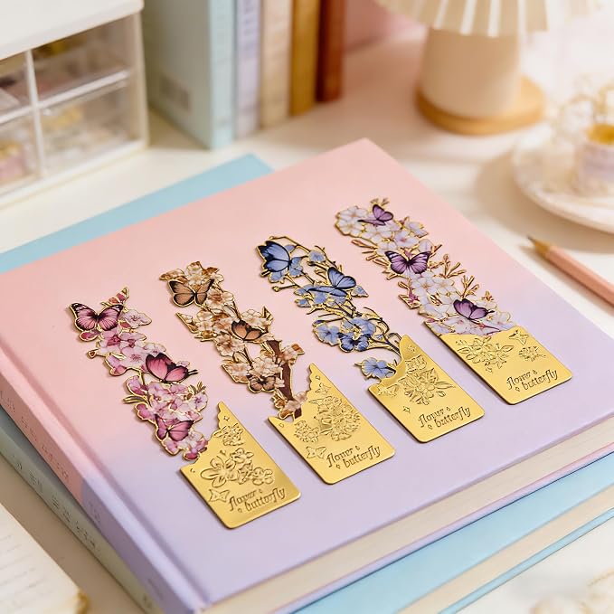 4 Pack Butterfly Flower Bookmarks - Hollow Metal Bookmarks for Book Lovers, Aesthetic Floral Book Markers, Durable Page Markers, Perfect Gift for Readers (Assorted Colors)