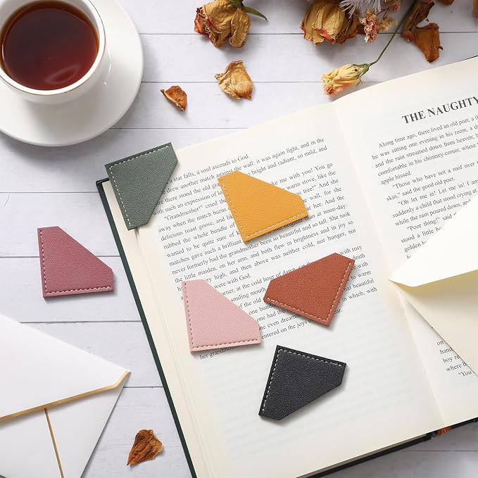 AmazingSpark 36 Pcs Leather Corner Bookmarks Diamond Shape Handmade Reading Gifts for Women Book Lovers Teachers Students School Office Home Supplies, 6 Colors