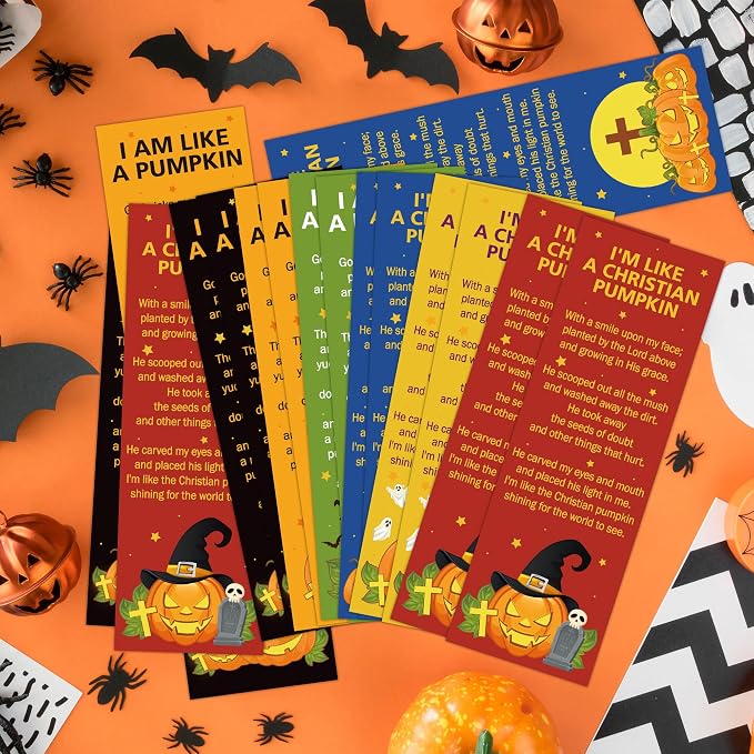 TICIAGA Halloween Pumpkin Bible Bookmarks - 60PCS Pumpkin Prayer Bookmarks for Kids Religious Christian Church Bible Verses Bookmark Giveaways for Sunday School Halloween Party Favors for Classmates