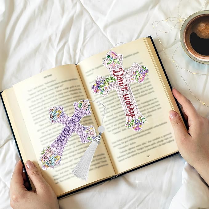 Cross Diamond Painting Bookmarks - 8PCS 5D Diamond Art Bookmark Kits with Tassel Bible Verse Rhinestone Page Marks Inspirational Christian Bookmarks for Reading Lover Book Decor DIY Crafts Gift