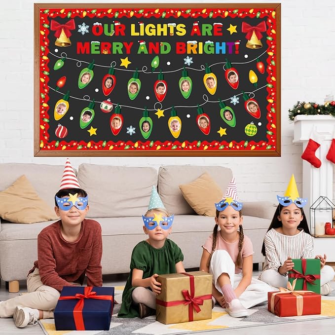 Christmas Bulletin Board Set Xmas Merry and Bright Classroom Decorations Light Bulb DIY Photo Paper Cutouts Winter Holiday Bulletin Board Border for School Wall Xmas Party Decor Teacher Supplies