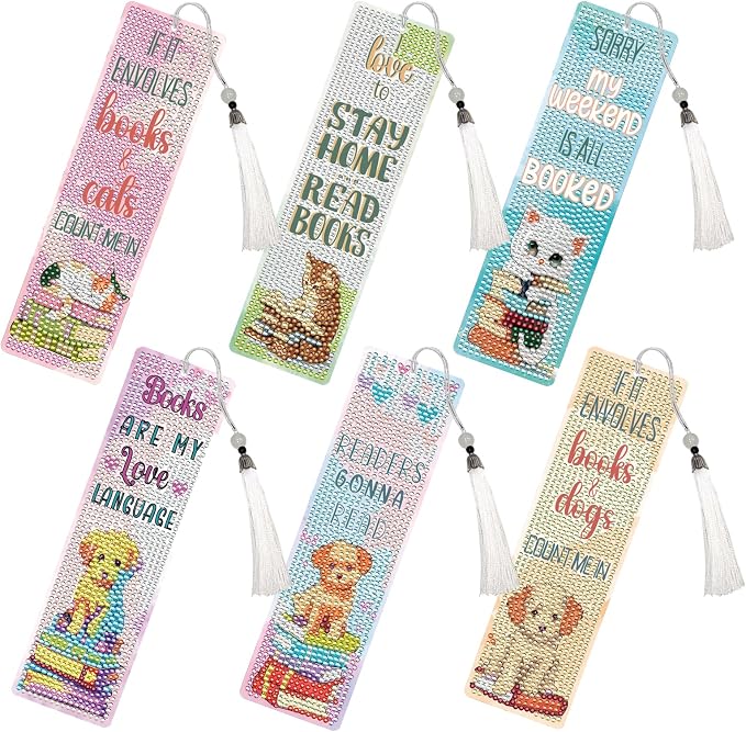 Reading Diamond Art Bookmarks for Adults - 6 PCS DIY Books and Cute Animal Diamond Painting Bookmarks with Tassel DIY Cat Dog Art Craft Making Kits for Reading Lover Book Lover Beginners