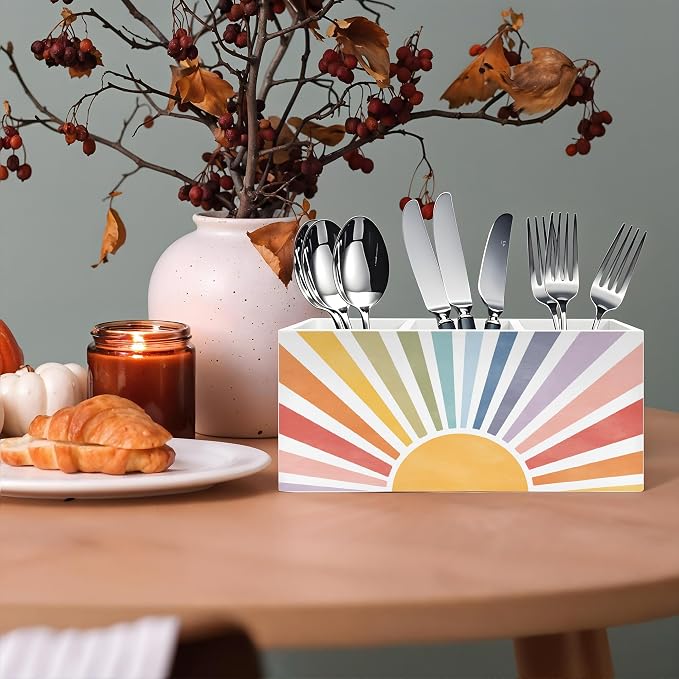 Boho Colorful Sunshine Pen Pencil Holder, Boho Desk Office Decor, Retro Rainbow Sun Sunrise Sunset Pencil Pen Holder Organizer for Home Office Desk Accessories