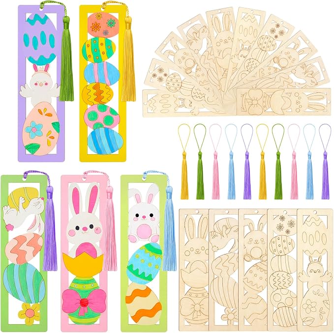 Yexiya 100 Pcs/50 Set Easter Wooden Bookmarks DIY Craft Kit, Bunny Egg Flower Bookmark Art Set for Book Lovers, Easter Birthday Party Holiday Gifts Art Project