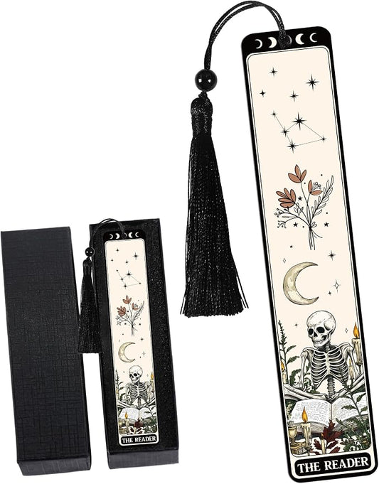Gothic Skull Bookmark Gifts: Skeleton Romance Metal Book Marks for Reading Women, Horror Page Marker Clips with Tassel, Bookish Gift with Box for Readers Women Students School Office Supplies