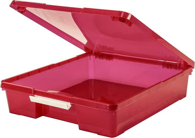 Storex Classroom Craft Project Box – Stacking Plastic Organizer Fits 12x12 Scrapbooking Paper, Red, 5-Pack (63204U05C)
