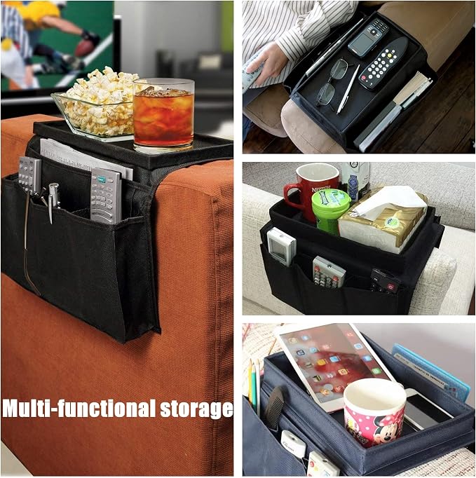 Sofa Armrest Organizer with Cup Holder No-Slip Couch Sofa Armrest Organiser Couch Remote Caddy Control Holder with 1 Large Pockets and 3 Small Pockets for Smart Phone Magazines Ipad Drinks (Black)