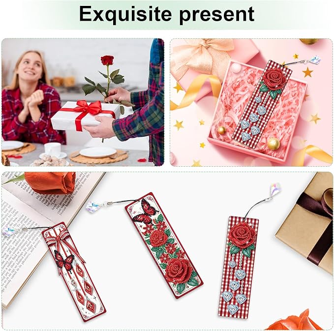 Tontut 3pcs Diamond Art Painting Kit Bookmark, Bow Rose Exquisite General DIY Bookmark, Lightweight and Durable, Suitable for Reading Lovers