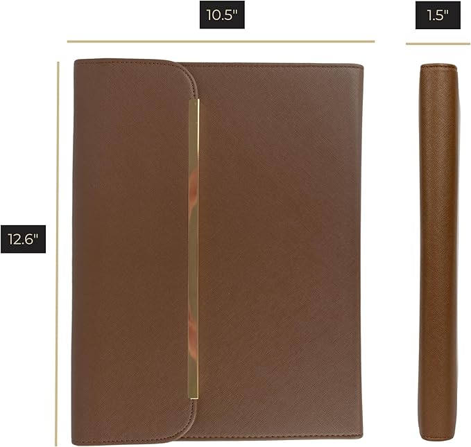BLU MONACO | Brown Vegan Leather Binder for Women | Magnetic Closure Business Leather Portfolio Organizer with Gold Trim | Professional Padfolio for Meetings Interviews Documents