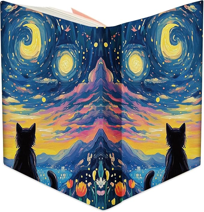 Anseal 1 Pack Starry Night Black Cat Stretchable Book Sleeve Cover for Hardcovers Textbooks up to 9” x 12”, Washable Reusable Book Protector with 2 Labels