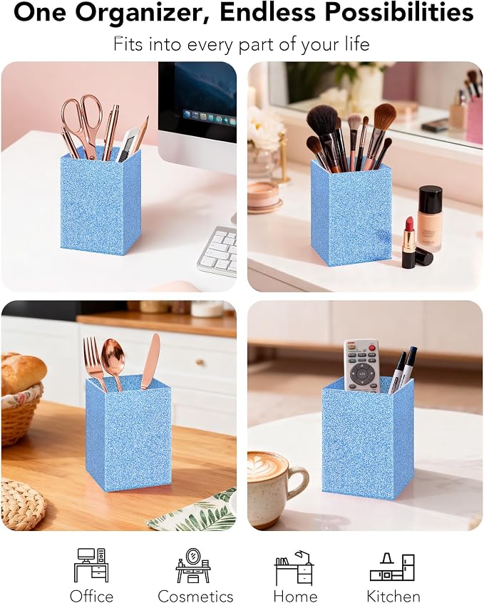 Blue Glitter Acrylic Pen Holder, Acrylic Makeup Brush Storage Organizer, Pencil Pen Holder for Desk, Modern Desktop Accessories for Office School Home Supplies
