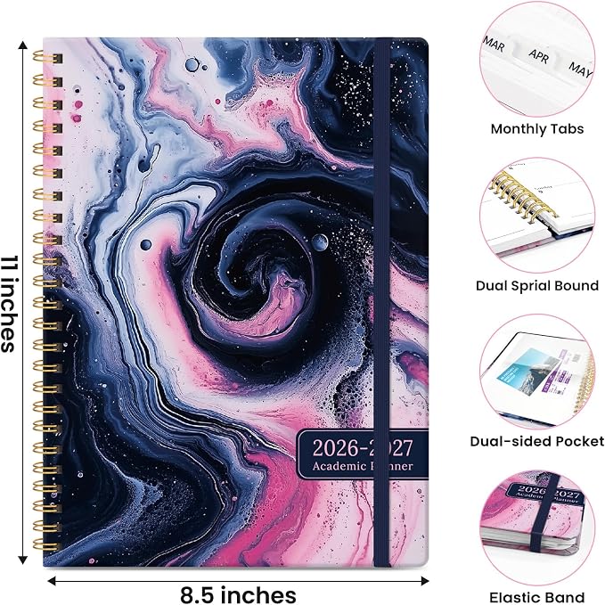 Planner 2026-2027, Monthly and Weekly Calendar Academic Planner July 2026 - June 2027, Hardcover Student Teacher Planning Agenda Book with Tabs, Perfect for Office School Supplies, A4 (8.5" x 11") - Pink Vortex