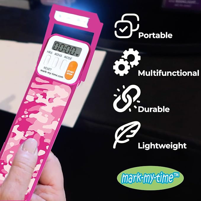 Mark-My-Time Digital Bookmark and LED Book Light - Timer and Bookmark for Kids with LED Book Light, Cool Bookmarks and Reading Incentives, Christmas Gift & Stocking Stuffer - Pink Camo