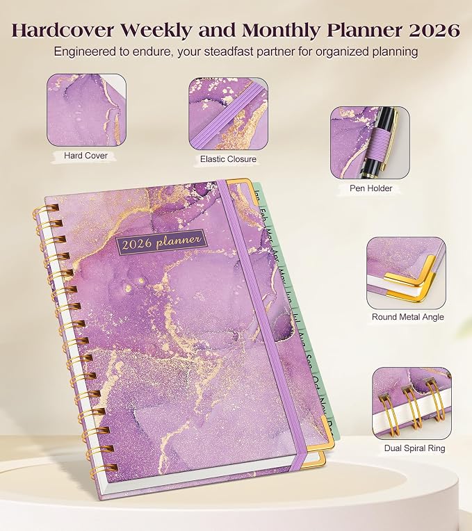 2026 Planner, Hardcover Weekly and Monthly Planner for Women, January 2026 - December 2026, Spiral Yearly Agenda Organizer Book 2026 with Tabs, Daily Calendar Planners for School Work Home, A5 (5.75" x 8.38"), Purple Marble