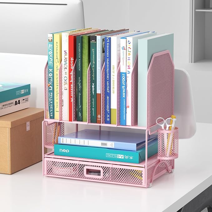 FANXIYQ Metal Desk Organizer with Sliding Drawer, 7-Section File Organizer for Desk, Desktop File Folder & Paper Organizer with 2 Hanging Pen Holders, Office Supplies Organizer, Pink