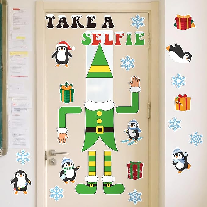 Christmas Bulletin Board Decoration - 46pcs Xmas Elf Cutout Door Decor Set, Winter Penguin Window Fireplace Chalkboard Classroom Wall Accents Ideas Kits for School Class Home Supplies