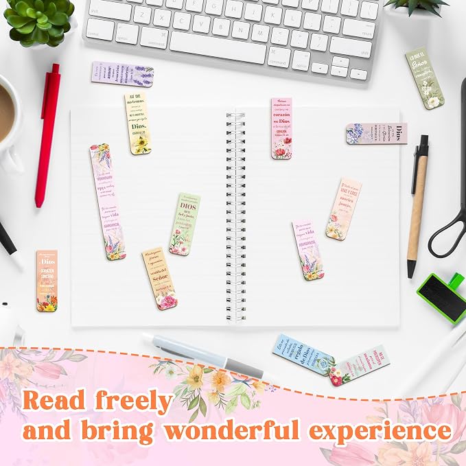 Haooryx Spanish Bible Verse Magnetic Bookmark - 48pcs Floral Spanish Scripture Verse Inspirational Magnetic Clip Bookmark Religious Motivational Page Marker Christian Gift Church Christmas Party Favor
