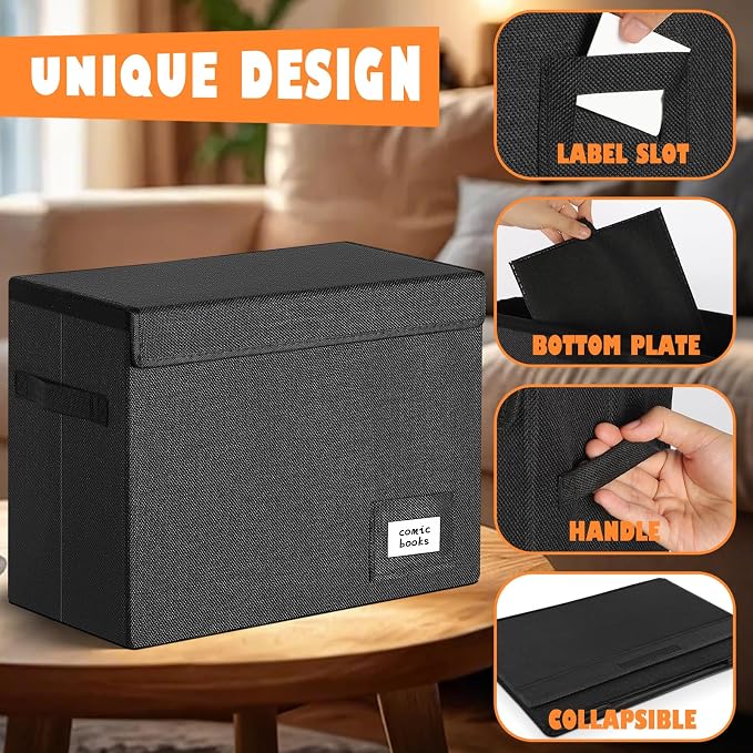 Leffis Comic Book Storage, Box 15.5" X 7.5" X 11.3", Collapsible Comic Short Box with Lids Holds 150 Comics Heavy Duty Comic Book Bin Container (2 pack, black)