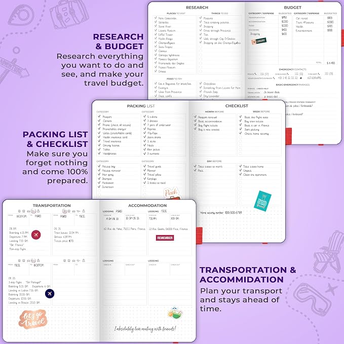 Clever Fox Travel Journal – Vacation & Trip Organizer with Budget Plan, Packing List, Travelling Expense Tracker, A5 (Purple)