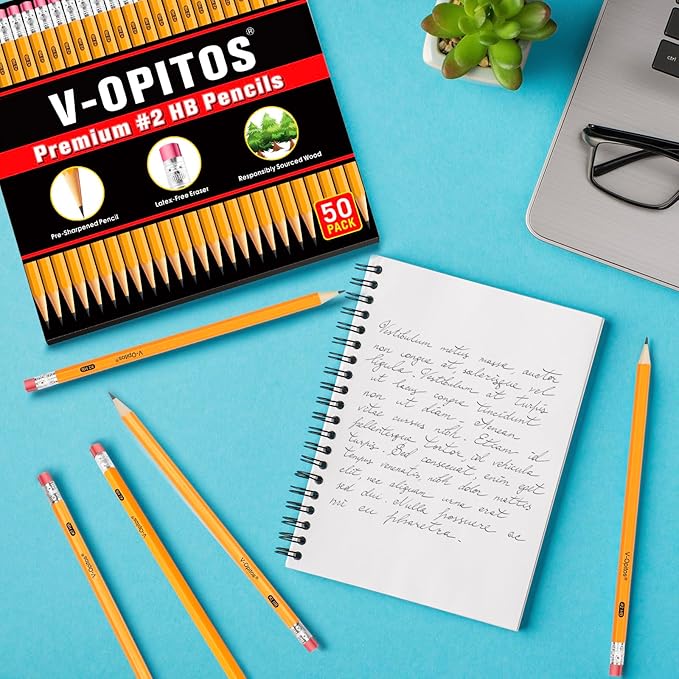 V-Opitos Wood-Cased #2 HB Pencils, 50 Pack Bulk Pre-Sharpened Yellow Pencils with Top Erasers, School Classroom Teacher Supplies, Writing, Drawing and Sketching