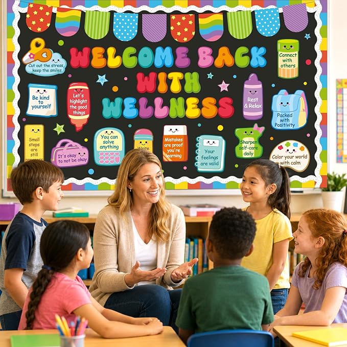 Welcome Back with Wellness Bulletin Board Set Inspirational Affirmations Classroom Decoration Mental Health Bulletin Board Motivational Paper Cutout for Back to School Poster Office Home Wall Decor