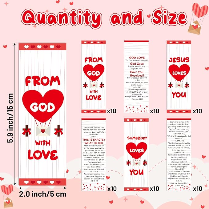TICIAGA 60Pcs Red Heart Bible Verses Bookmarks Bulk for Kid, Jesus Loves You Evangelism Church Gifts for Women Girls, Christian Scripture Reading Bookmarks Prayer Gospel Tracts for Sunday School