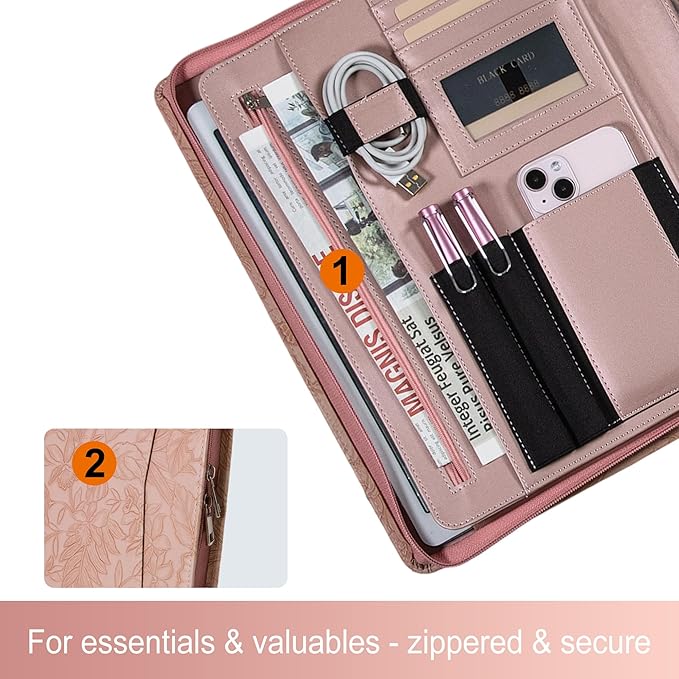 Generic Zippered Leather Padfolio Portfolio with Hidden Handle and Clipboard, Business Conference Organizer Notepad Folder, Portfolio Bag, Padfolio for Women/Men (Pink)