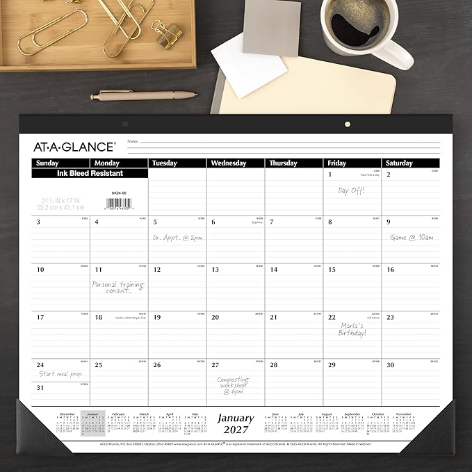 AT-A-GLANCE 2027 Desk Pad Calendar, Monthly Desk Wall Planner, 21.75" x 17", Ruled Blocks, 3 Pack (AZSK240027)