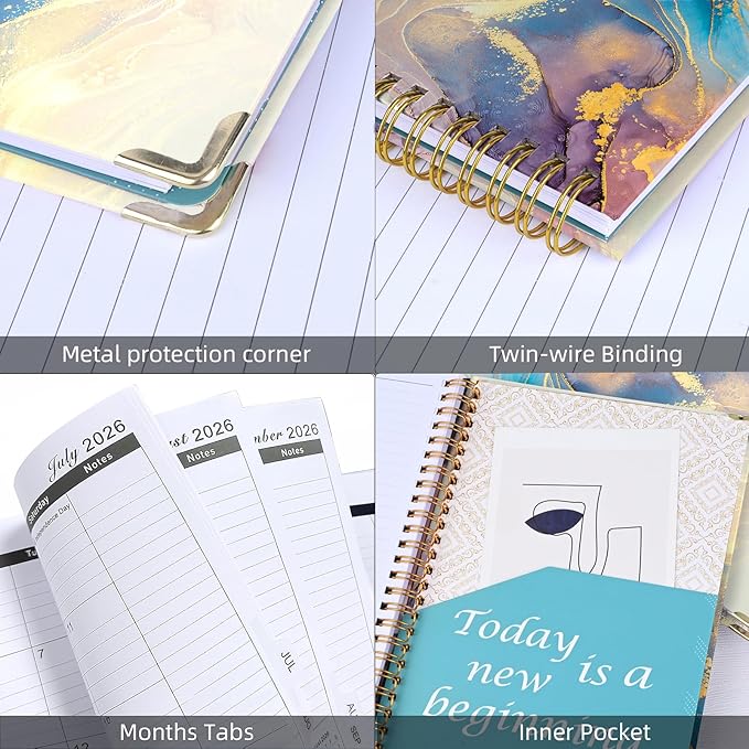 2026 Planner, Jan.2026 - Dec.2026 Weekly Monthly Planner 6.25"x8.5" with Page Tabs, Calendar Hardcover with Inner Pocket, Elastic Band, Twin-Wire Binding, Bookmark, Blue Gold Marble